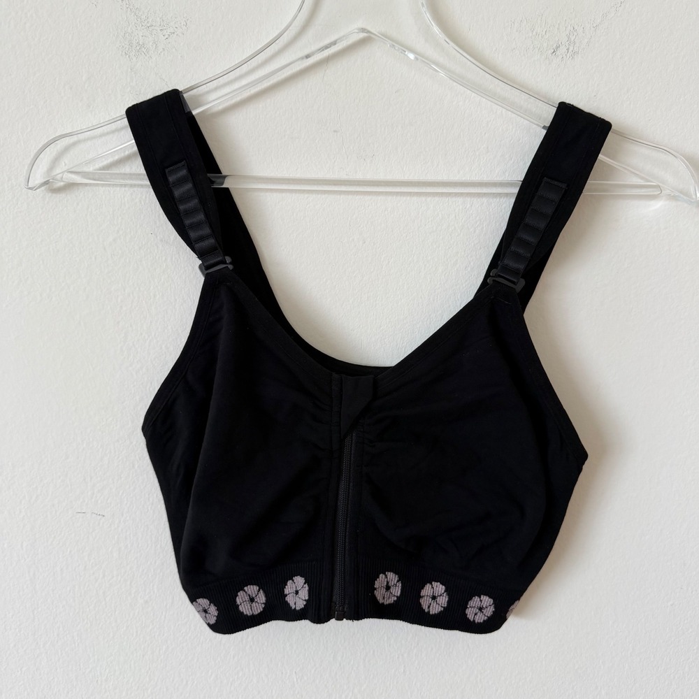 NUX Black Front Zip Sports Bra Floral Band Adjustable Straps Size M
